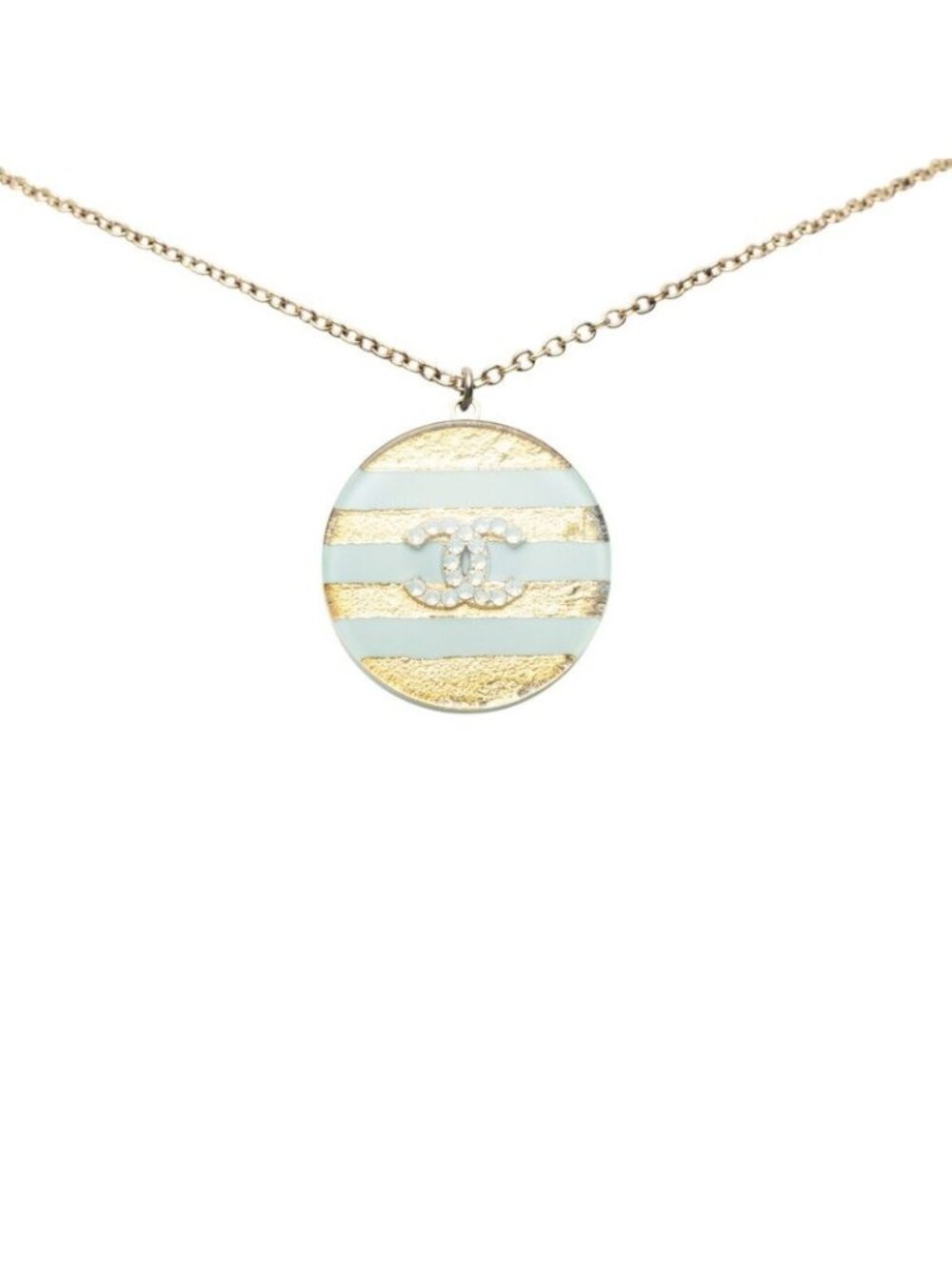 Chanel CC Logo Icon Border Necklace Gold Blue Plated Resin